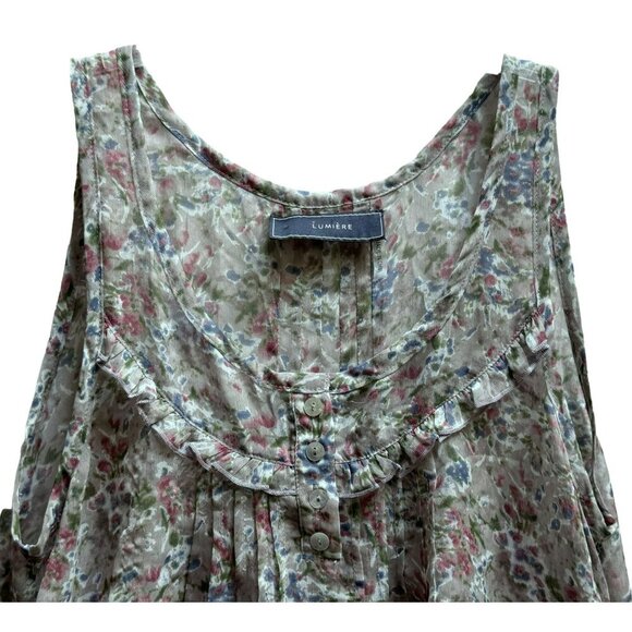 Lumière Floral Ruffle Asymmetric Hem Sheer Sleeveless Pullover Top Feminine Sz M - Picture 2 of 8